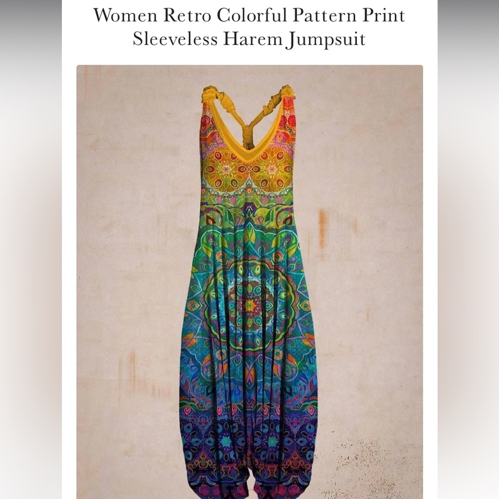 Retro Colorful Pattern Print Sleeveless Harem Jumpsuit
